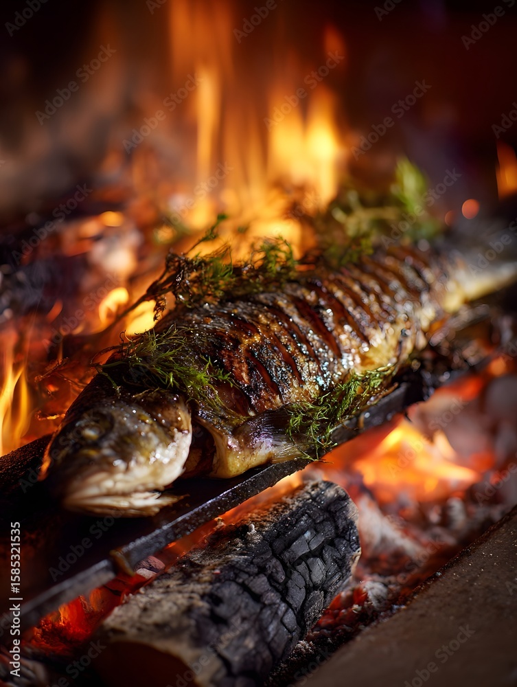 Grilled fish sizzling over an open flame, surrounded by glowing embers and smoke in a rustic setting Grilled fish sizzling over an open flame, surrounded by glowing embers and smoke in a rustic setting