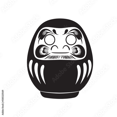Vector illustration of a traditional japanese daruma doll in a minimalist black and white style depicting good luck and perseverance.