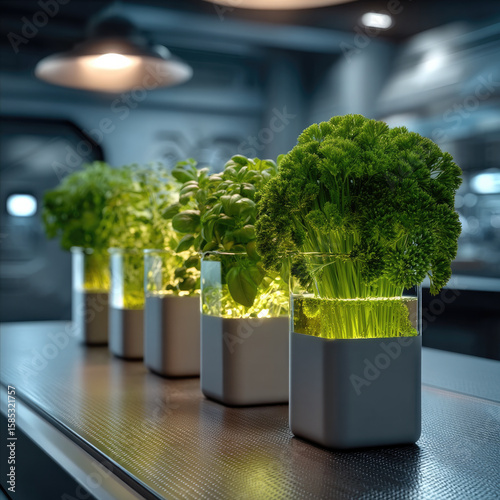 Fresh parsley, basil, and other herbs in modern hydroponic planters glow under LED lights on kitchen counter, creating vibrant atmosphere