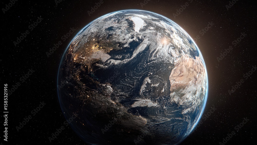 Naklejka premium A detailed, realistic depiction of Earth from space, illuminated by a sunbeam, showcasing landmasses, oceans, and city lights against a dark backdrop of stars