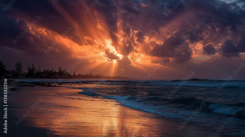 Fototapeta premium Dramatic Orange And Purple Sunset Over Dark Ocean Waves