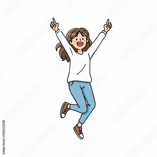 Young girl jumping with joy and celebrating in casual outfit  
