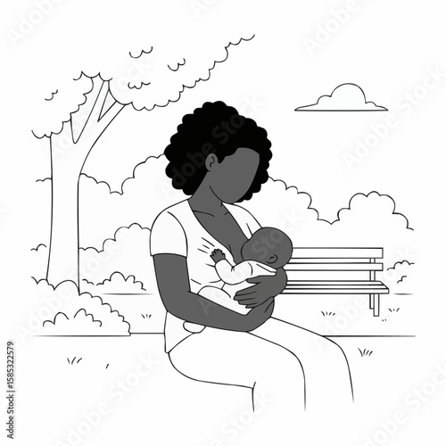 Black woman breastfeeding baby while sitting on bench outdoors  