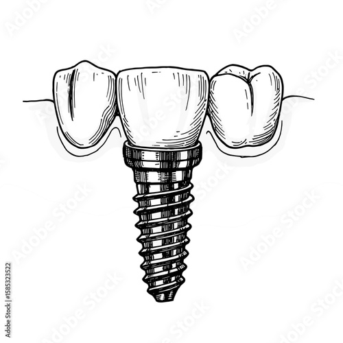 Vintage ink sketch of implant in gum among teeth, black and white hand-drawn or engraved illustration