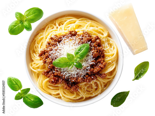 Obraz na płótnie Spaghetti bolognese with basil and parmesan on transparent background