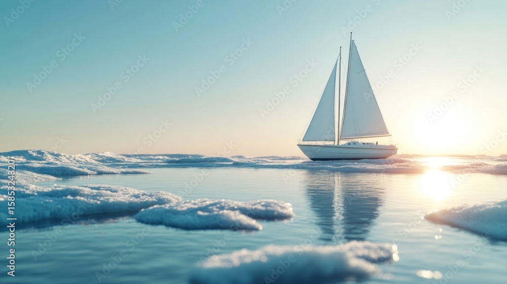 Fototapeta premium Serene sailing: White sailboat navigates icy waters at dusk under bright sky