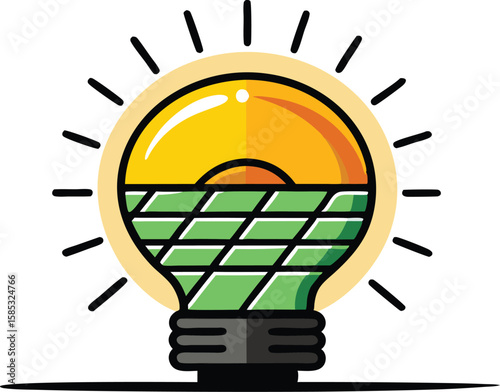 This collection of depicts illustrations of solar energy panels, often shown with sun rays or as part of a larger energy system