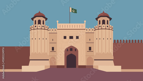 Shahi Qilla Lahore Fort Pakistan with Pakistani flag flat vector illustration