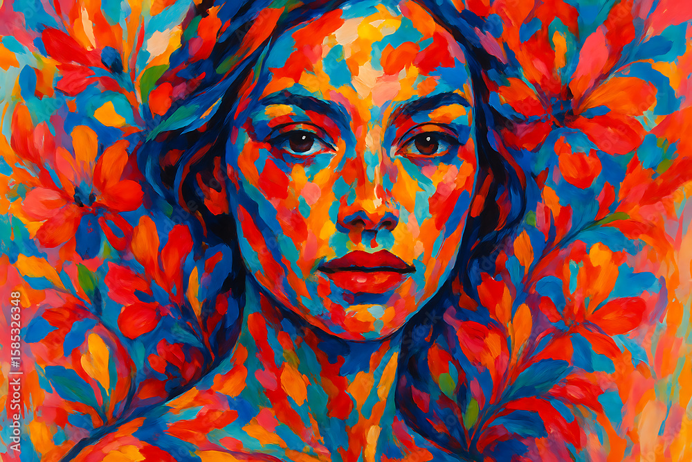 Fototapeta Vibrant Abstract Floral Portrait of a Woman with Bold Brushstrokes and a Colorful Expressionist Style