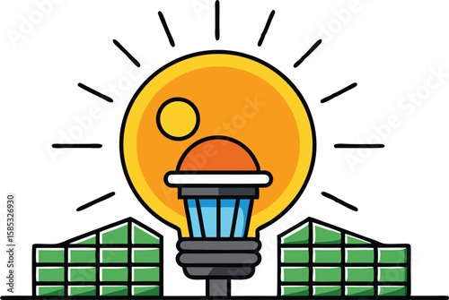 This collection of depicts illustrations of solar energy panels, often shown with sun rays or as part of a larger energy system