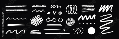 Crayon Chalk Scribble Texture Set – Hand Drawn Pastel Brush Stroke Elements, Pencil and Chalk Scratch Style Lines on Black Background, Vector Illustration for Creative Design

