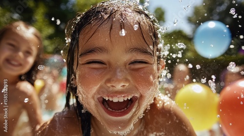 Asian child enjoying summer water fun with balloons and splashing smiles National Water Balloon Day