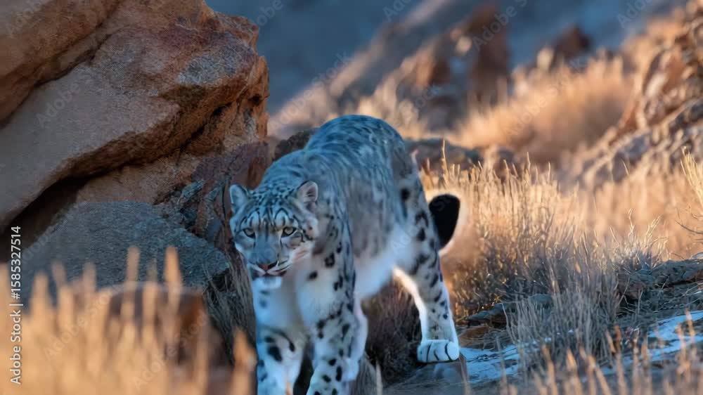 A snow leopard prowls through rocky terrain surrounded by dry grass under natural sunlight.