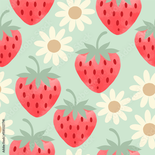 Cute seamless pattern of water color red strawberries and cream daisies on a pastel mint green background. Perfect for summer fabric, kids' products, and stationery.
