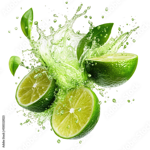 Fresh lime slices in a vibrant juice splash