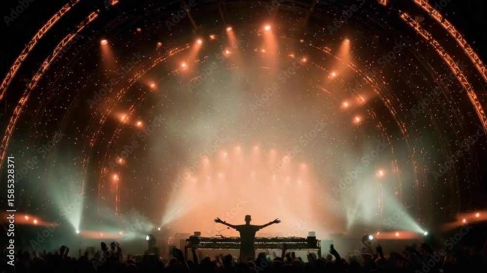 A DJ performs on stage with dramatic lighting, smoke, and a cheering crowd during a vibrant electronic music concert.