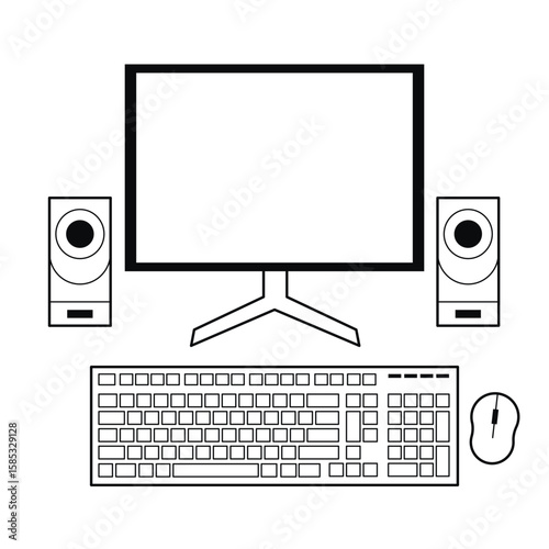 Computer monitor, keyboard, mouse and speakers. Workplace office worker or home freelancer. Black outline icon of technological equipment, vector graphics