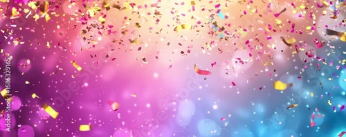 Multicolored confetti falling creating a festive and celebratory atmosphere with a blurred background featuring a vibrant gradient of pink, orange, and blue hues