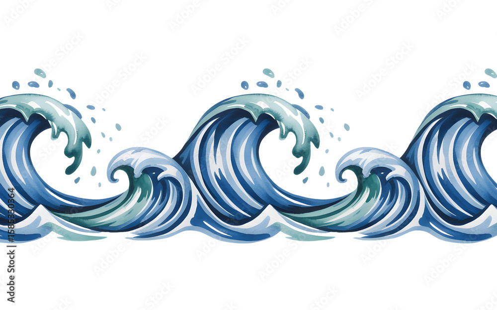 Fototapeta premium Watercolor illustration of large ocean waves in shades of blue and turquoise isolated on transparent background