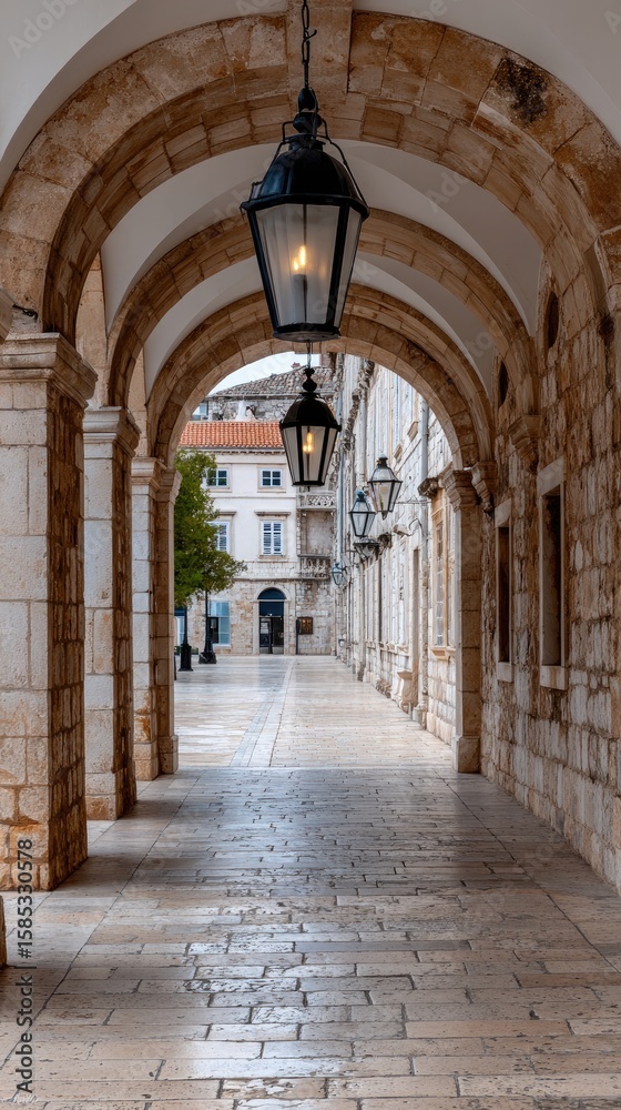 Fototapeta premium Exploring the breathtaking cloister of the Monastery in Dubrovnik with stunning views of the walled city and surrounding mountains on a sunny day