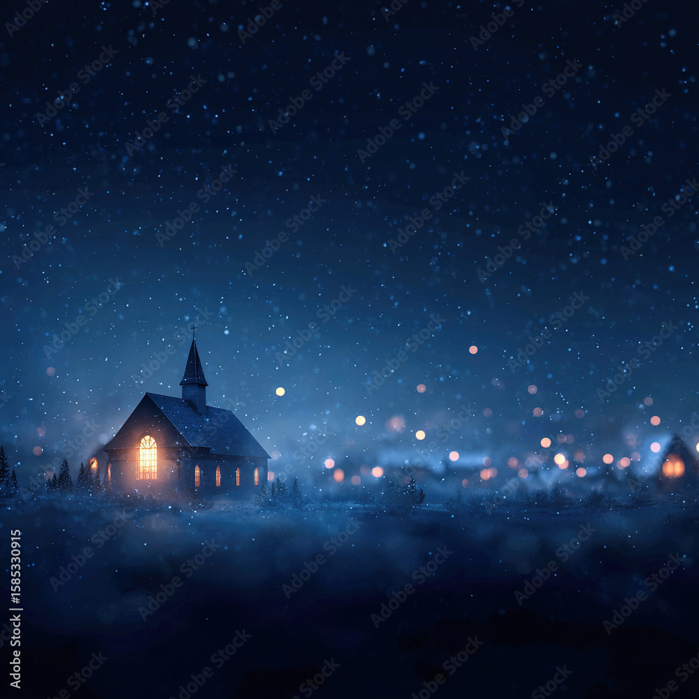 Fototapeta premium Illuminated church in snowy night with bokeh lights