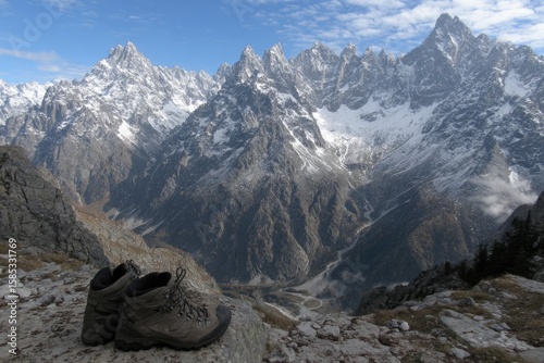 Hiking boots on a rocky outcrop, with snow-capped mountains in the background.  A scenic vista of rugged peaks, valleys, and a clear sky