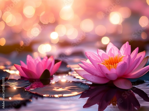 A Bokeh Background with Floating Pink Lotus Flowers on the Water’s Surface’ transforms into ‘Pink Lotus Flowers Float on Water with a Blurred Bokeh Background