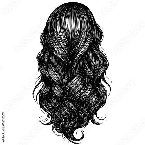 Vintage ink sketch of woman’s long hair back view, hand-drawn black and white illustration