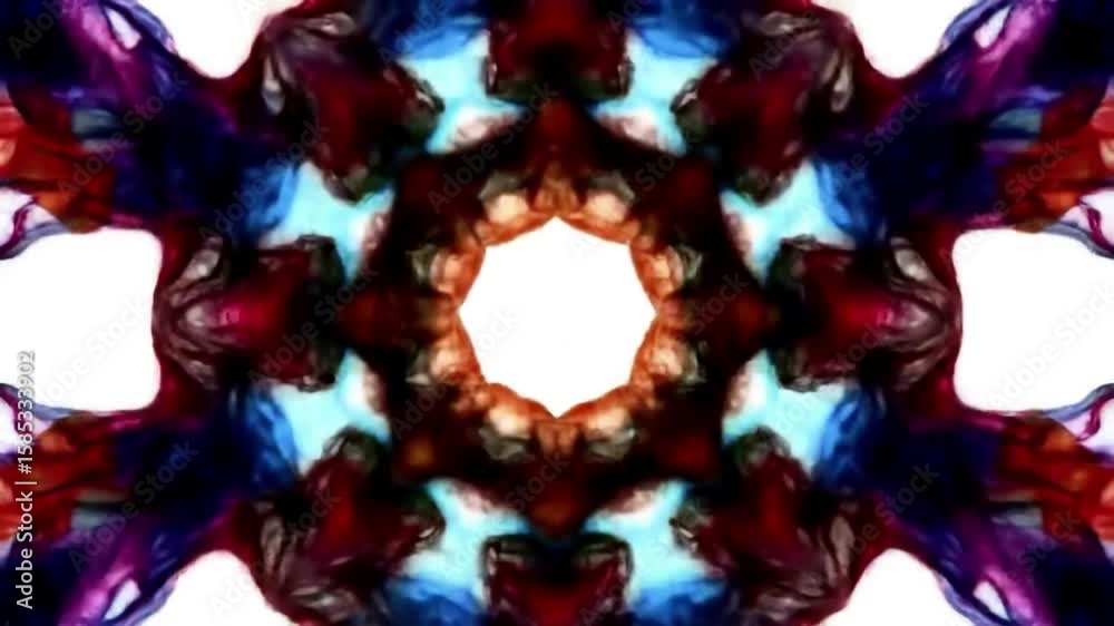 Abstract kaleidoscopic pattern with swirling blue, red, and brown ink-like textures against a white background, forming a symmetrical design.
