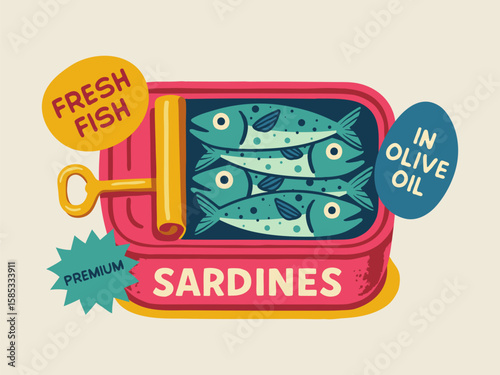 Colorful sardine tin illustration with fish in olive oil, retro food packaging design with bold text and vibrant pop art style on light background