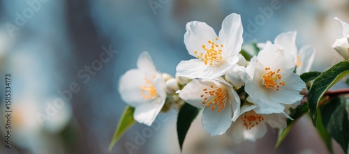 Delicate white blossoms with bright orange centers cluster on a branch, soft-focus background
