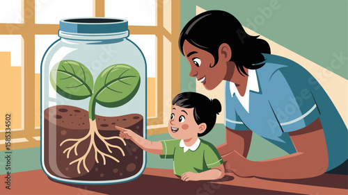 mother and child observing a plant growing in a jar vector illustration