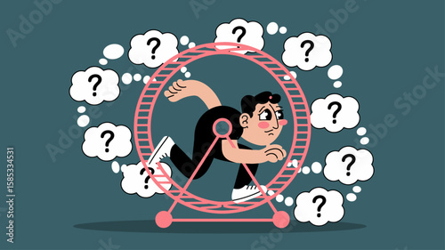 man running in a hamster wheel with question marks vector illustration