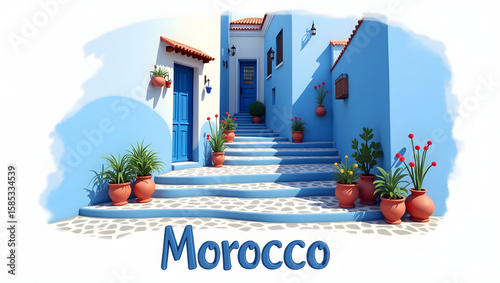 3D illustration of Chefchaouen’s blue streets and stairways with flower pots. ‘Morocco’ in 3D text below. The famous blue city in the Rif Mountains.