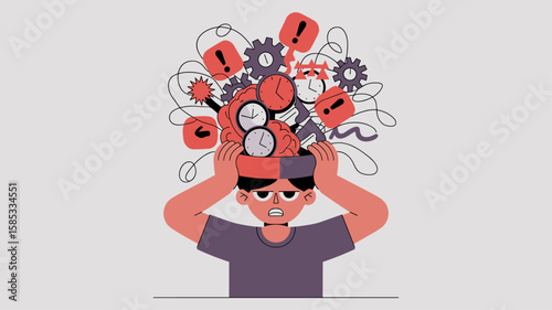 overwhelmed man with an open brain full of chaotic gears and clocks, vector illustration 