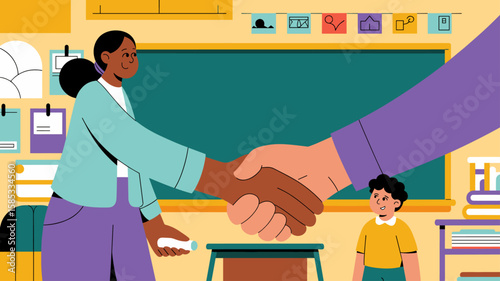 teacher and parent shaking hands in classroom with student vector illustration