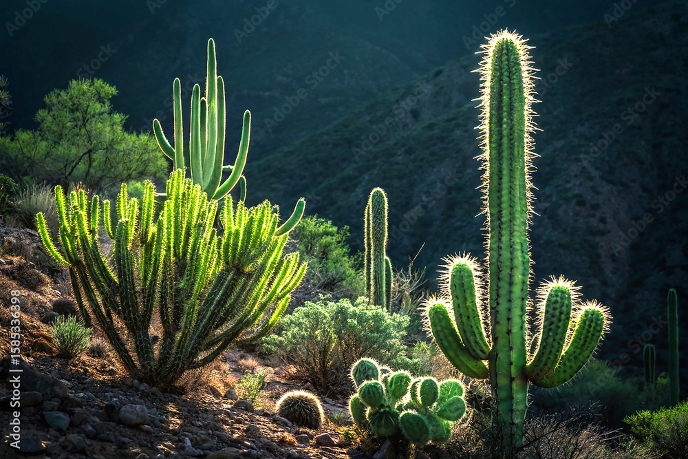 Obraz premium Spiky green cacti with dramatic lighting on dark botanical background