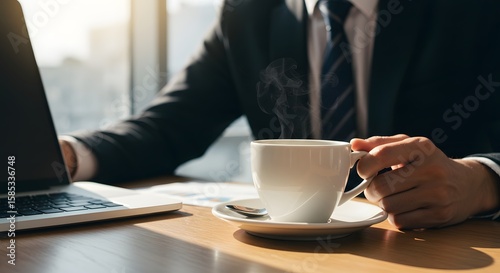 Man in Suit Enjoying Hot Coffee at Modern Workspace with Laptop and City View