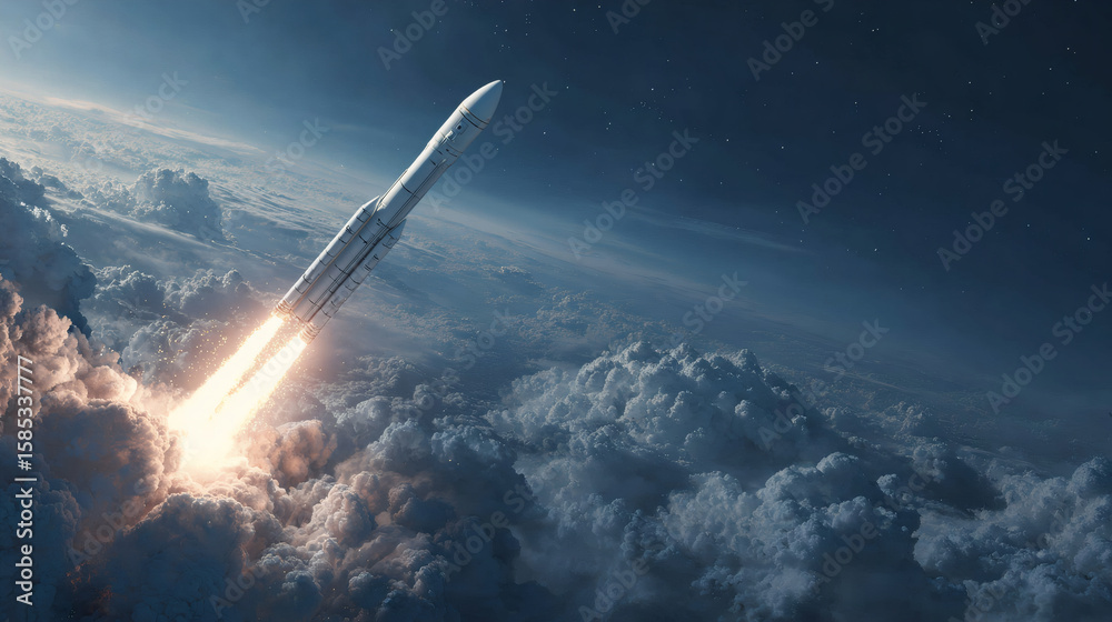 Fototapeta premium White rocket launching into space above cloud formation. Sci-fi digital render of space exploration and technological advancement.