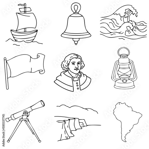 Ship, telescope, and historical elements symbolizing Columbus Day holiday  