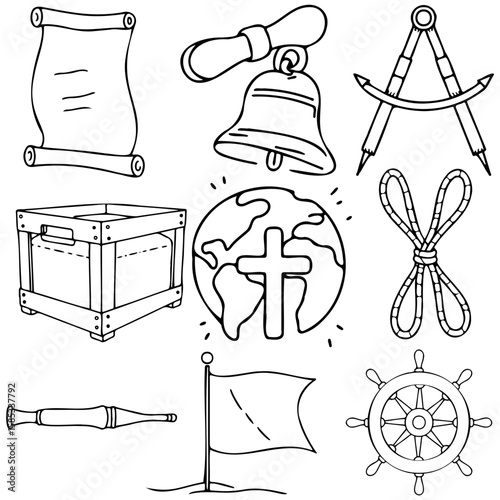 Various nautical symbols and artifacts representing Columbus Day holiday  