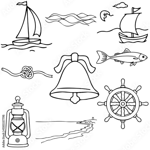Nautical elements including ships, lantern, and bell for Columbus Day holiday  