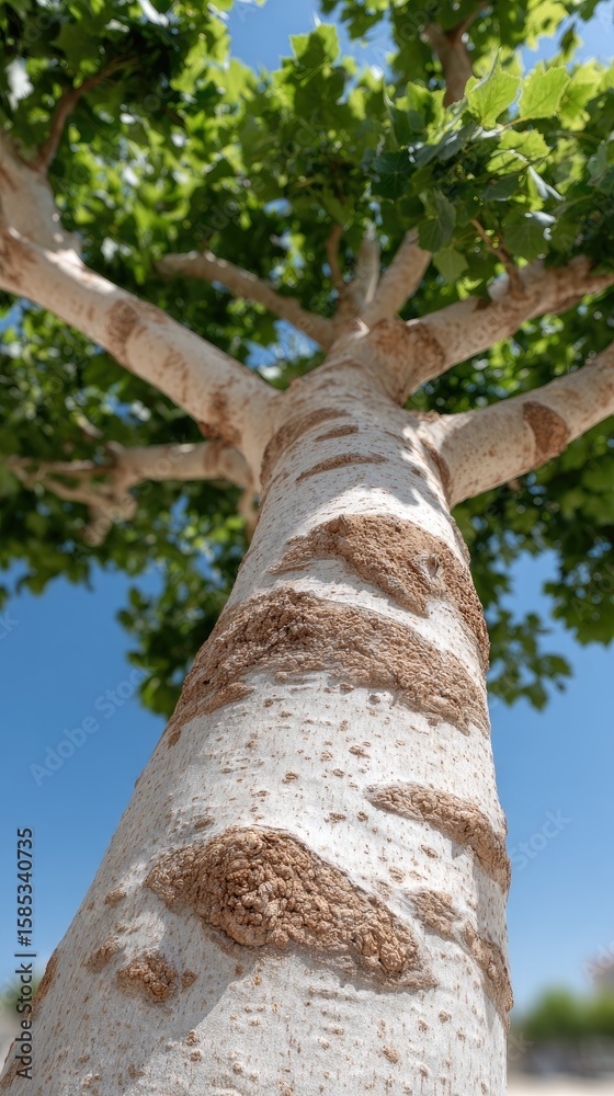 Fototapeta premium Massive black tree showcases vibrant yellow leaves under sunny skies in a forest setting captured from a wide-angle perspective