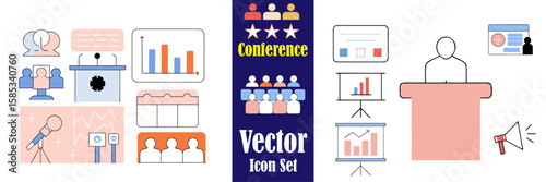 Professional Event and Seminar Icon Pack—Business Vector Graphics, Business Communication and Presentation Icons—Flat Vector Pack, conference, presentation, vector, icon, set, business, meeting, sem