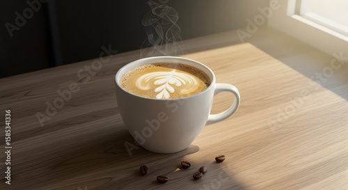 Steaming Cup of Coffee with Artistic Latte Foam Design on Wooden Table in Natural Light