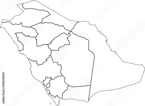 Saudi Arabia Map with Provinces, Flag Overlay, Silhouette and Border Outline

