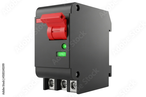 Electrical circuit breaker with red switch isolated on transparent background