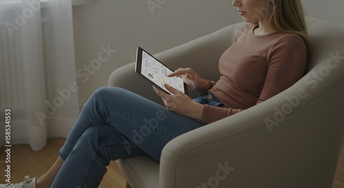Young Woman Seated Comfortably in Cozy Indoor Environment Using Tablet for Digital Interaction