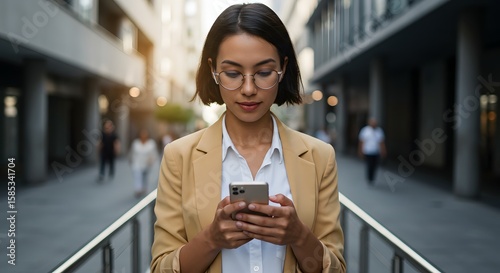 Young Woman in Casual Blazer Using Smartphone in Modern Urban Environment with Blurred Background
