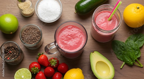 Fresh Ingredients for a Colorful Healthy Smoothie with Strawberries Avocado and Spinach on Table